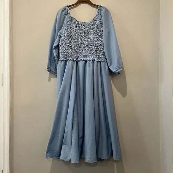 JessaKae Dress Women’s 1X Love Spell Blue Midi Smocked 3/4 Balloon Sleeve - Picture 2 of 10